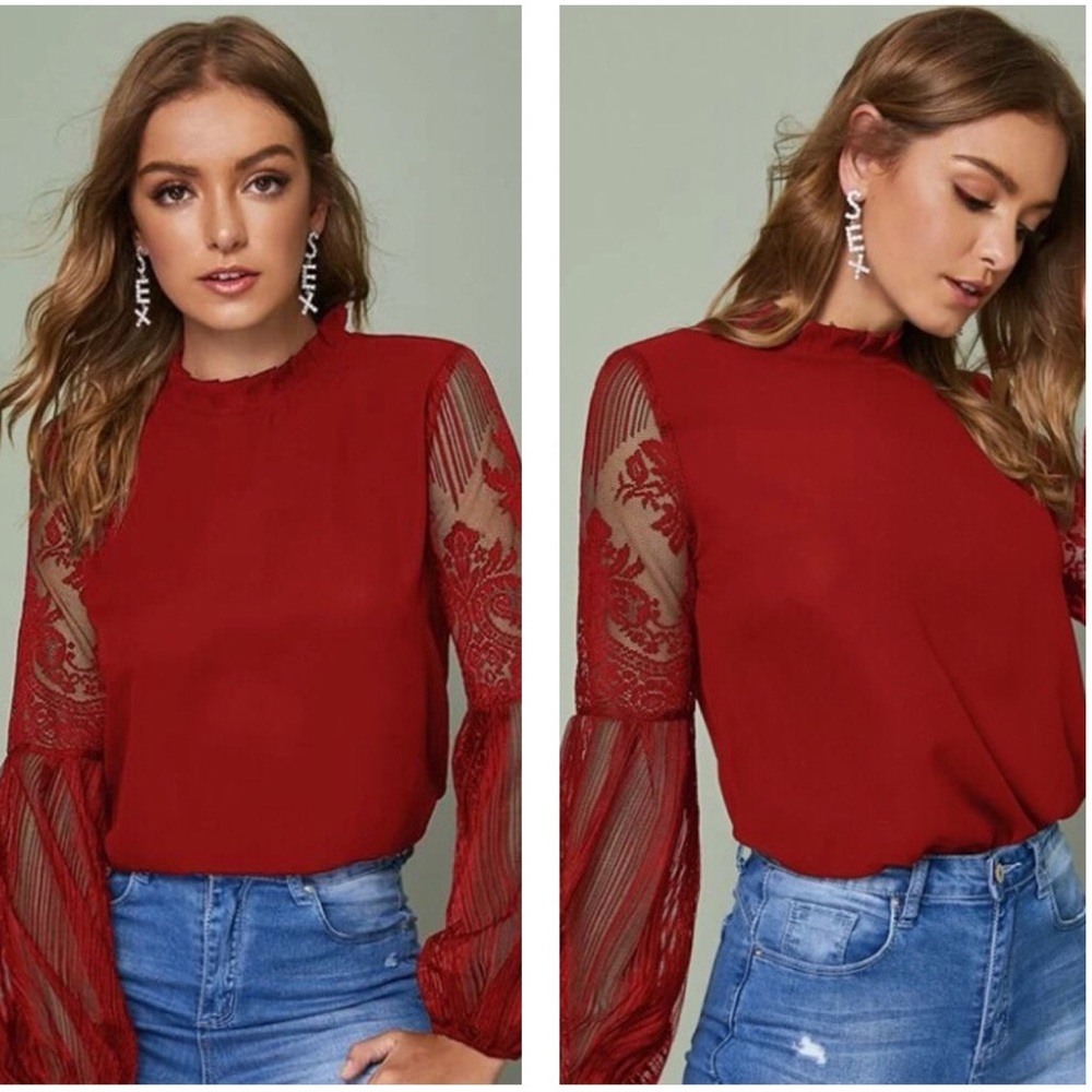 Lace Burgundy Long Sleeve Top NWT Size XS